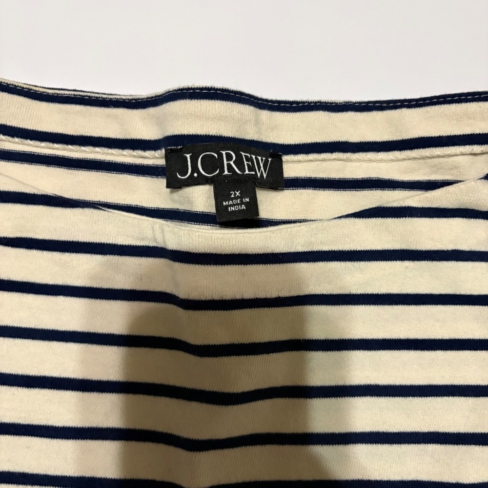 J.Crew Womens 2X Navy Ivory Striped Boatneck Top Pearl Fringe Hem Cropped Cotton - Picture 2 of 5